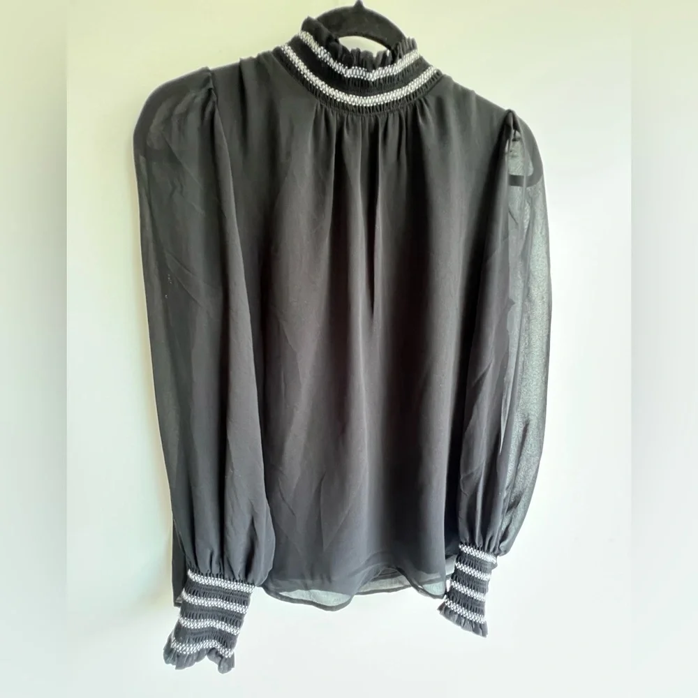 Karl Lagerfeld Paris Black Blouse Smocked Neck Puff Sheer Sleeve‎ Small